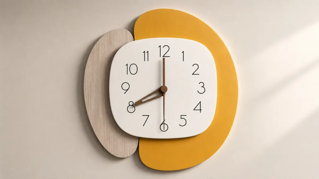 Abstract modern wall clock with overlapping mustard yellow, light oak wood, and soft white rounded panels mounted on a beige wall.