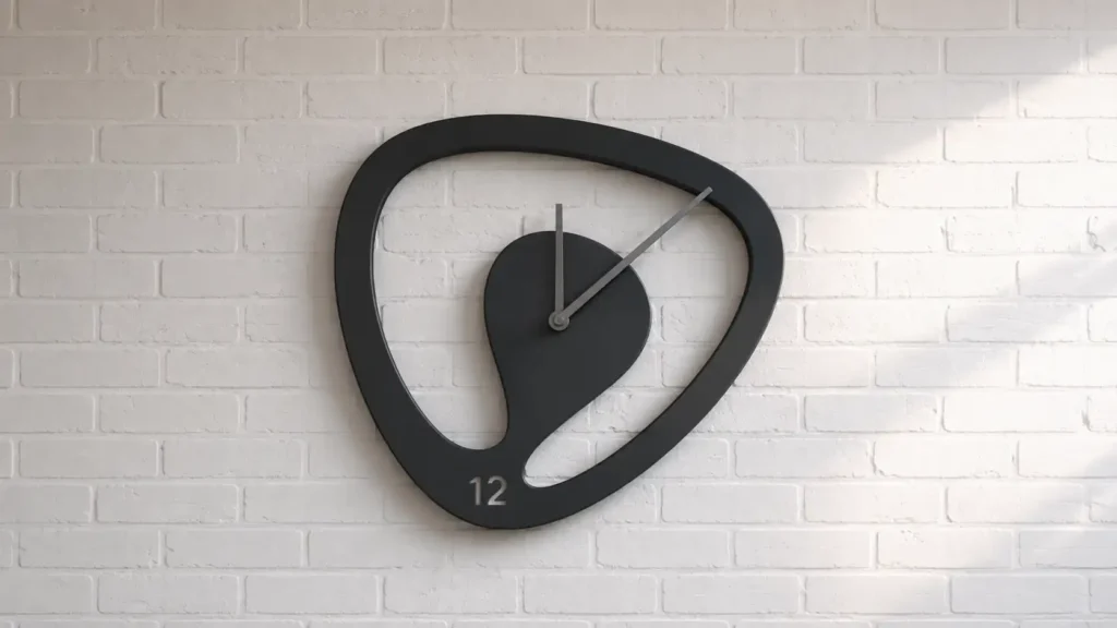Minimalist black asymmetric wireframe wall clock with a teardrop center dial mounted against a clean white brick wall backdrop.