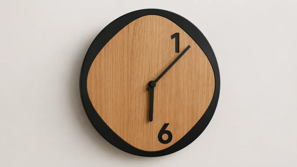 Asymmetric circular wall clock featuring a matte black outer frame with an organic oak wood center dial and minimal black numerals on a white background.