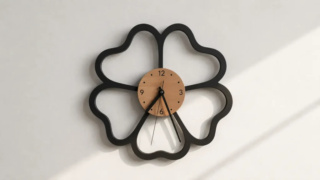 Black metal four-leaf clover wireframe wall clock with a central round wooden dial mounted on an off-white textured plaster wall.