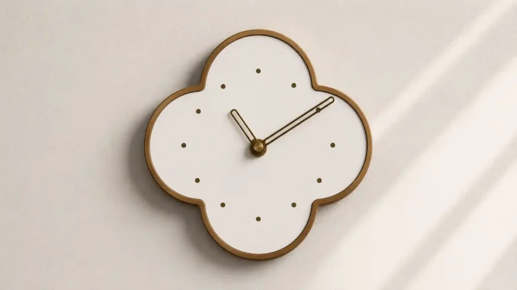 Soft white clover-shaped wall clock with a rich gold rim, minimal dot hour markers, and matching gold hands under natural room lighting.