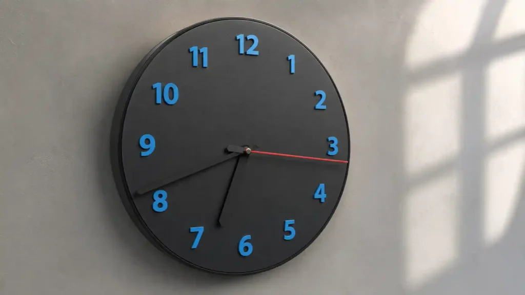 Modern dark gray matte circular wall clock with bold 3D vibrant electric blue numerals and slim black hands on a concrete textured wall.
