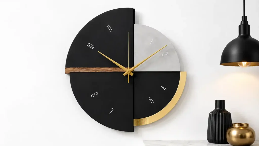 Asymmetric four-quadrant wall clock featuring black leather, concrete gray, dark wood grain, and brushed gold panels with slim gold hands.