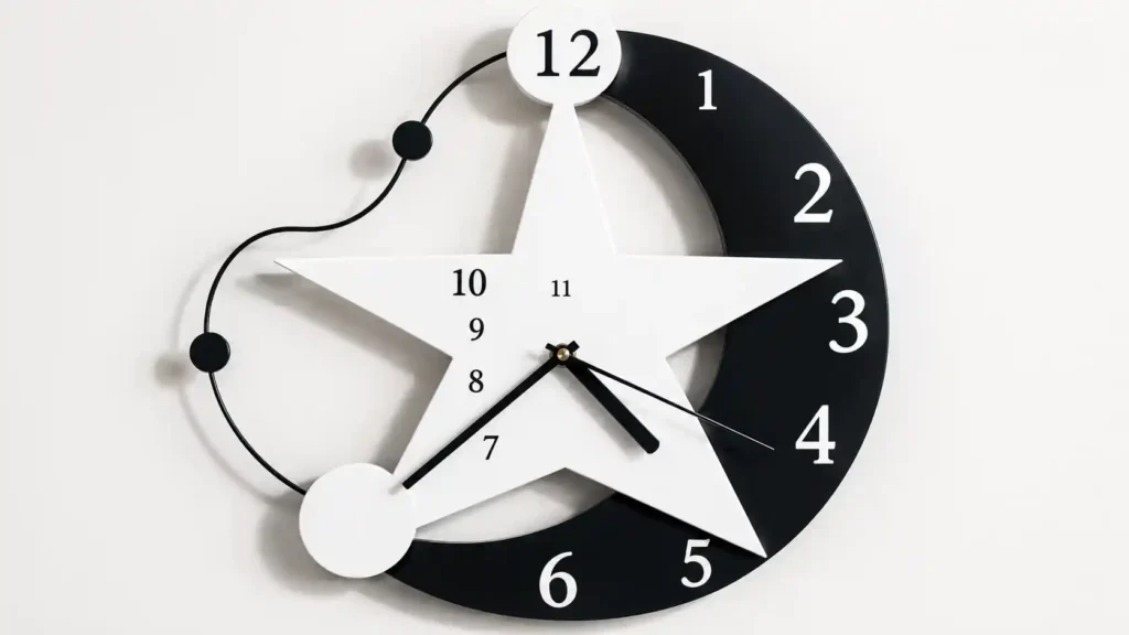Black and white celestial wall clock combining a crescent moon arc and a central white star panel with fine wire accents.