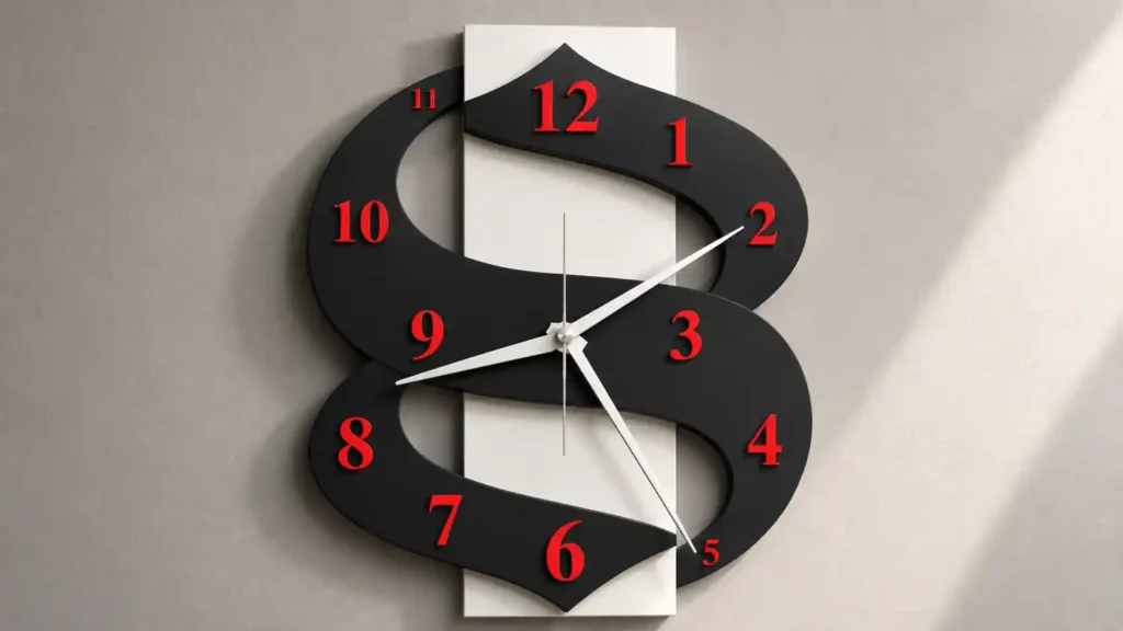 Avant-garde wall clock featuring a flowing matte black S-ribbon panel over a vertical white base with bright red numerals and silver hands.