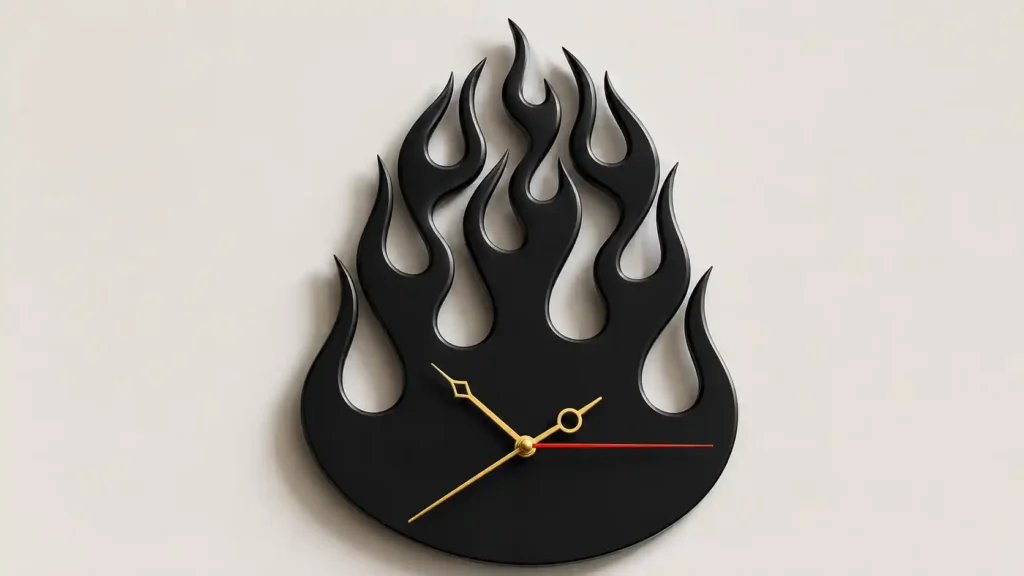 Dramatic matte black flame-shaped silhouette wall clock with ornate gold hands and a red second hand mounted on a neutral wall.