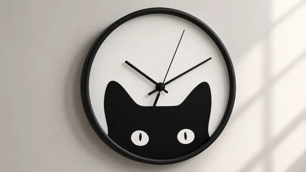 Modern circular wall clock with a matte black frame, white background, and a playful black cat silhouette peeking from the bottom.