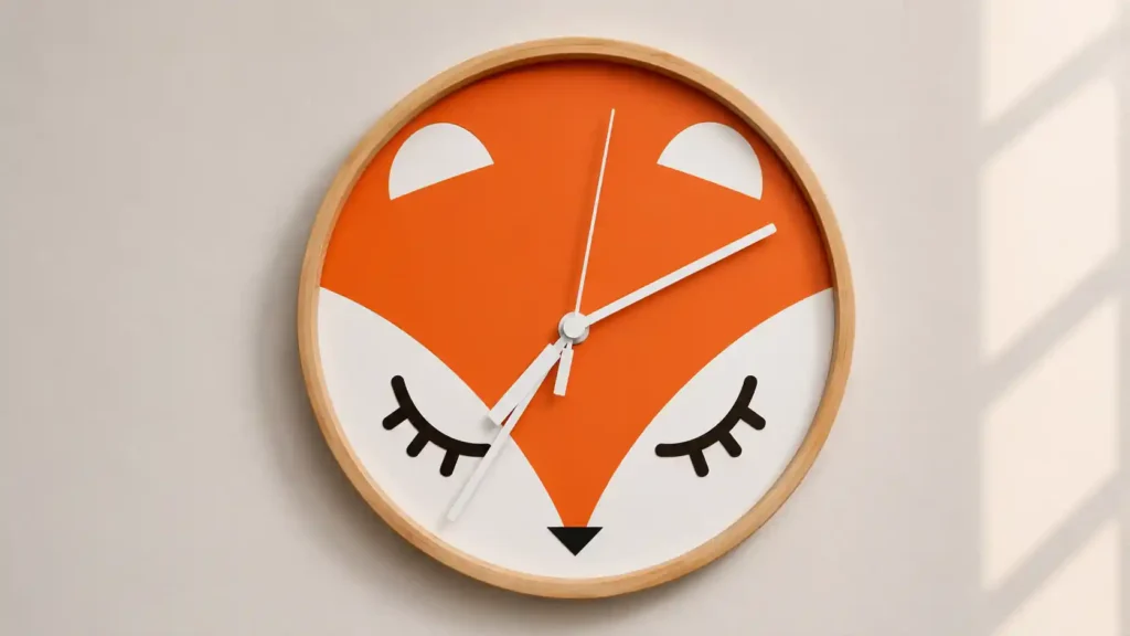 Round wooden wall clock featuring a vibrant orange and white sleeping fox face design with sleek white hands for a nursery room.