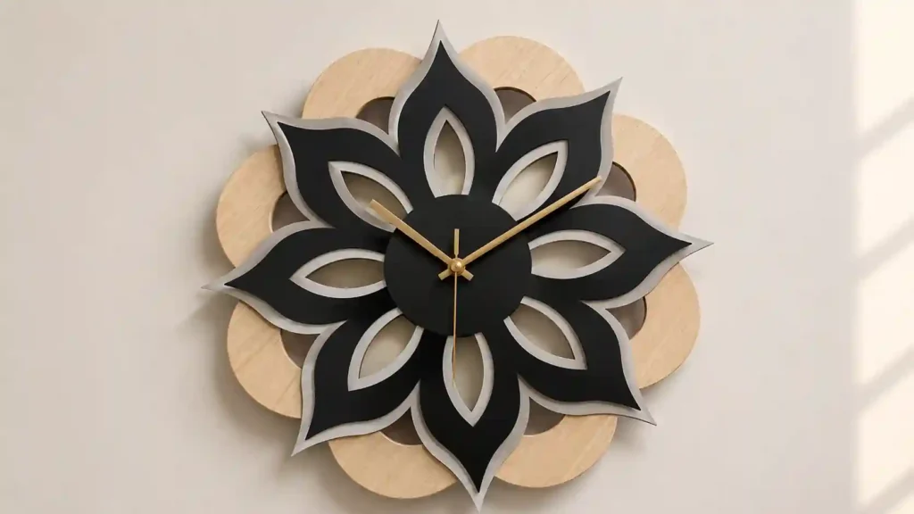 Multi-layered wall clock designed as a black lotus bloom with a natural wood backing panel and slim gold hands on a warm beige wall.