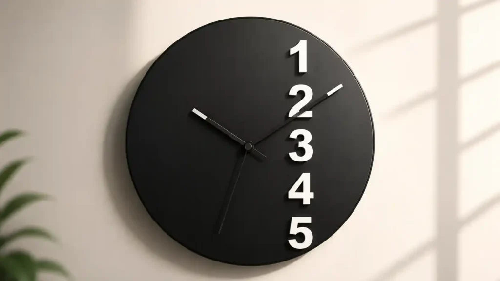 Matte black circular wall clock featuring bold white 3D numbers 1 through 5 vertically aligned on the right side on a beige plaster wall.