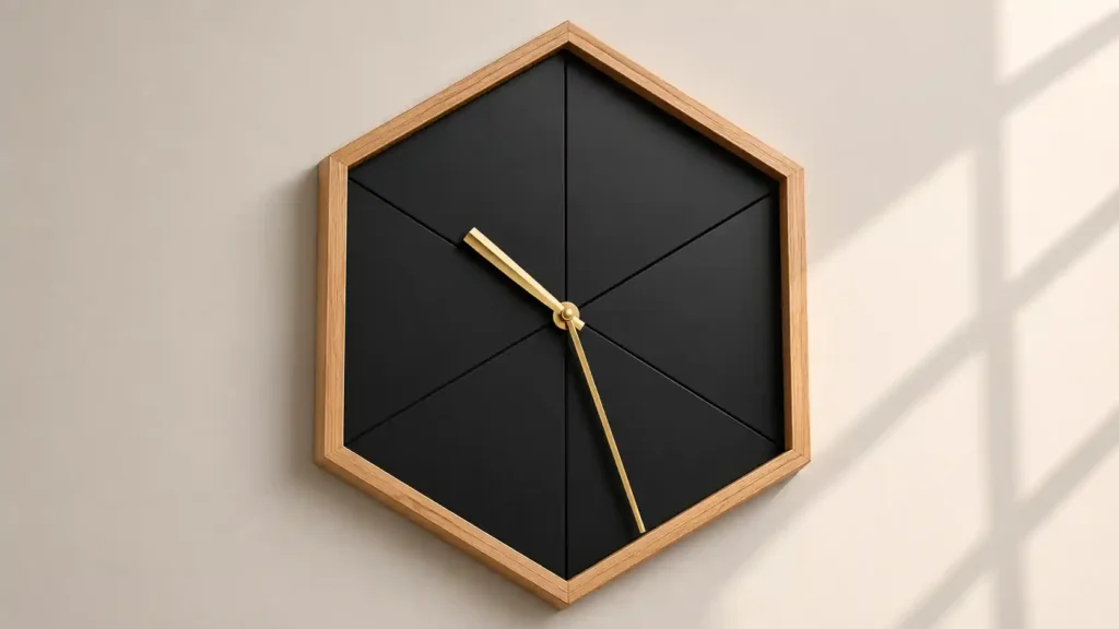 Modern hexagonal wall clock with a light oak wood frame, dark gray segmented interior panels, and elegant gold hands on a light gray wall.