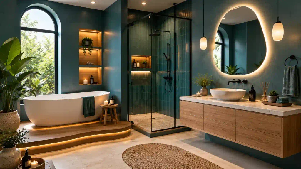 Modern luxury bathroom featuring deep teal vertical stacked tiles, a illuminated curved wooden tub platform, organic LED mirror, and glass walk-in shower.