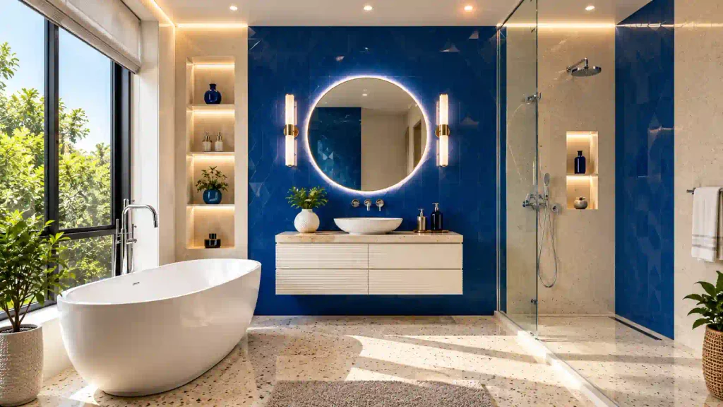 Contemporary luxury bathroom featuring a geometric royal blue accent wall, illuminated round mirror, terrazzo flooring, and glass walk-in shower.