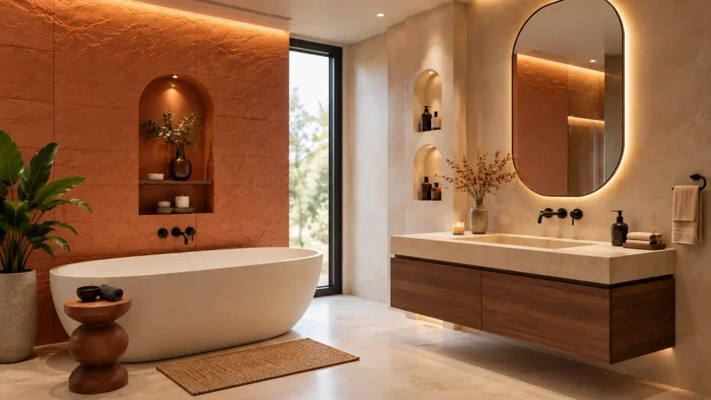 Warm terracotta textured feature wall in a luxury bathroom with arched illuminated niches, walnut floating vanity, and pill-shaped backlit mirror.