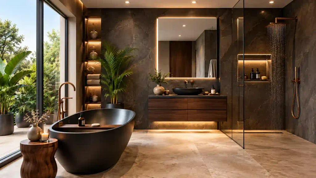 Dark moody executive luxury bathroom with dark slate wall tiles, a matte black freestanding tub, open rainfall shower, and warm under-vanity lighting.