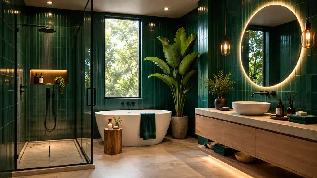 Lush luxury bathroom with vertical dark green glossy tiles, a freestanding oval tub, a large circular LED vanity mirror, and natural wood cabinetry.