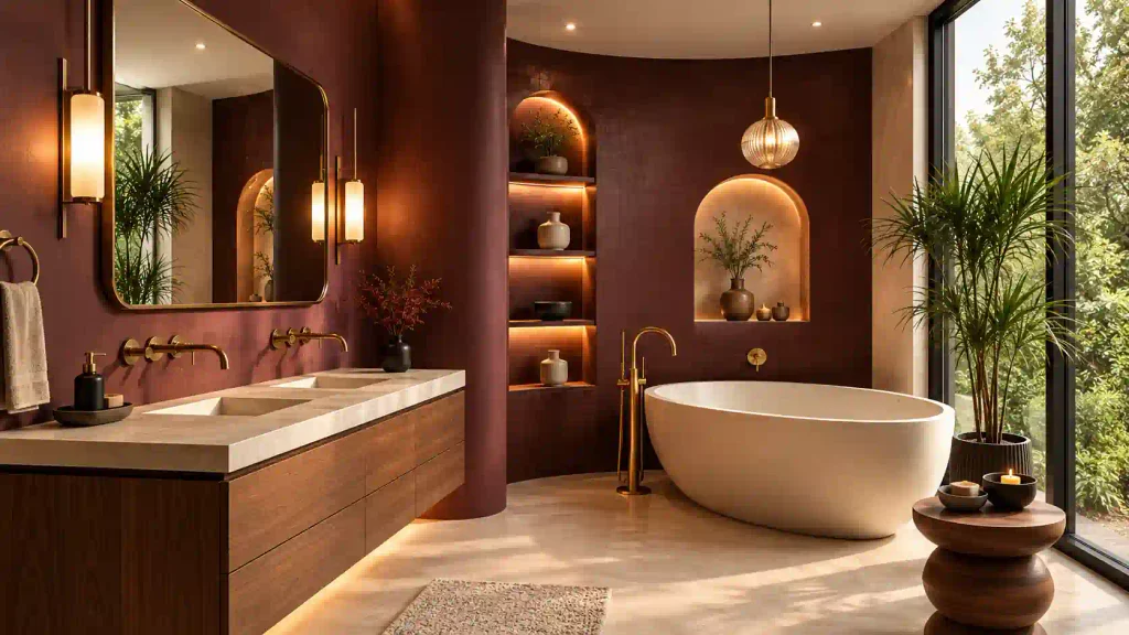 Elegant luxury bathroom featuring deep plum Venetian plaster walls, a curved layout with illuminated arched niches, and brushed gold plumbing fixtures.