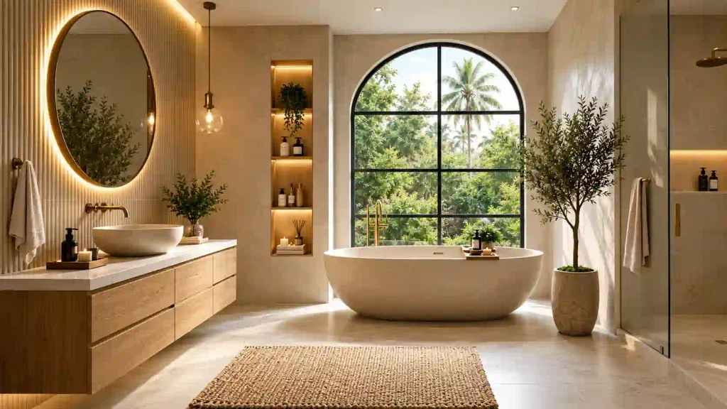 Serene luxury bathroom with a fluted accent wall, large black arch window overlooking greenery, floating oak vanity, and large oval soaking tub.