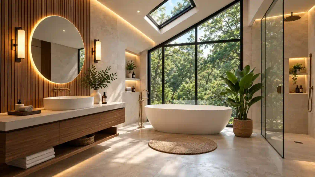 Modern luxury bathroom featuring sloped vaulted ceiling with skylight, sloped glass picture window facing trees, floating wood vanity, and oval soaking tub.
