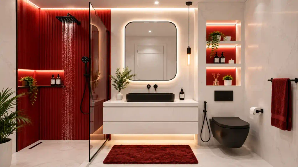 Bold luxury bathroom with bright red fluted shower wall, floating white vanity, black vessel sink, illuminated wall niches, and matte black toilet.