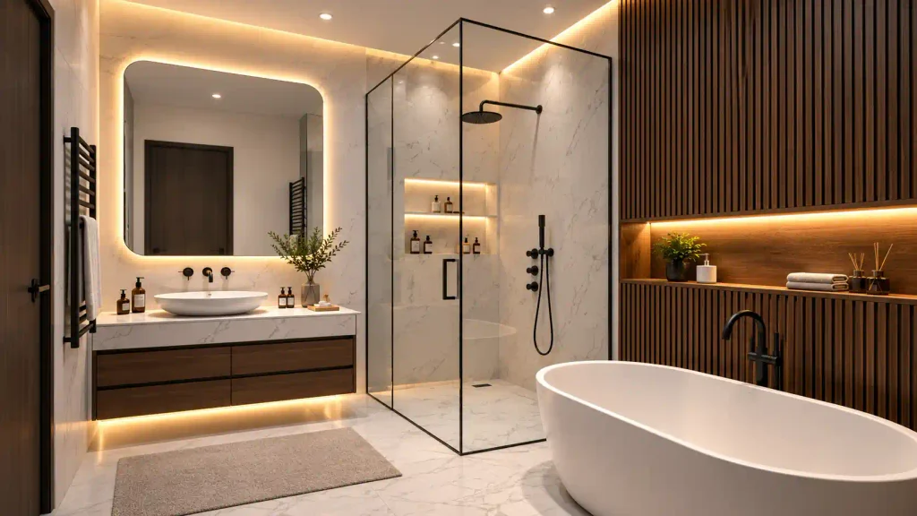 Elegant luxury bathroom with warm fluted wood accent wall, backlit rectangular mirror, white Calacatta marble shower, floating vanity, and oval soaking tub.