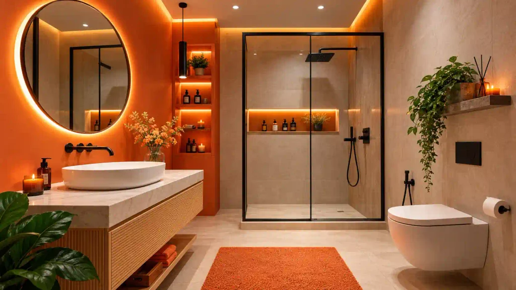 Modern luxury bathroom featuring terracotta orange feature wall, round backlit LED mirror, glass walk-in shower, floating wooden vanity, and orange area rug.