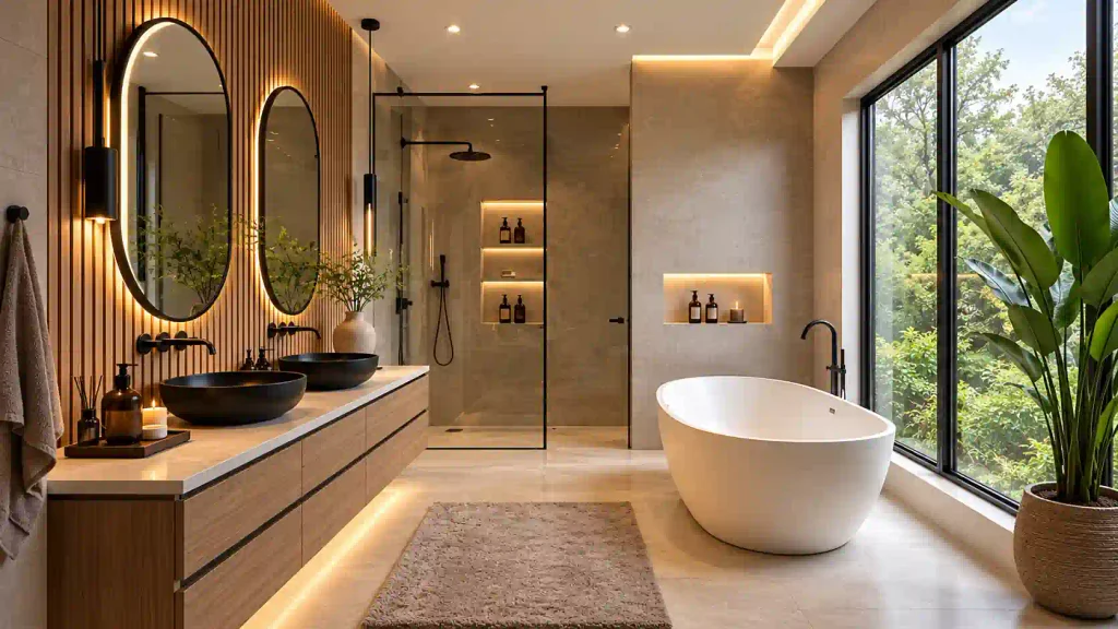 Spacious luxury bathroom with double floating wooden vanity, two pill-shaped LED mirrors, fluted wood wall paneling, freestanding tub, and full-length picture window.