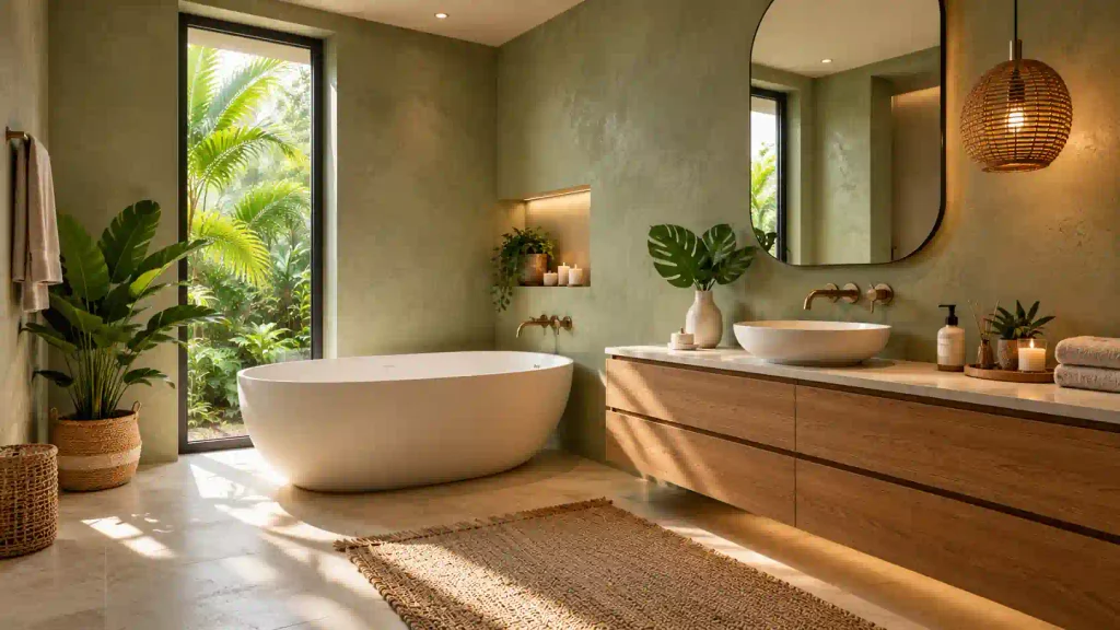 Earthy luxury bathroom with textured olive green plaster walls, oval freestanding tub next to tropical view window, floating wood vanity, and woven pendant light.
