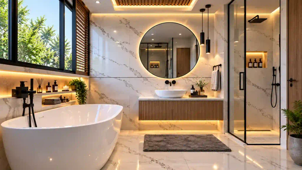 Upscale luxury bathroom with Calacatta marble wall tiles, round illuminated mirror, fluted wood floating vanity, glass shower enclosure, and freestanding tub.
