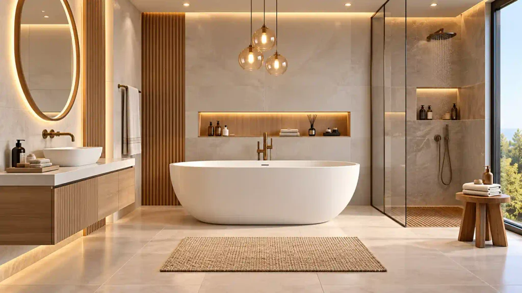 Serene luxury bathroom in soft beige tones with cluster glass globe pendant lights, fluted wooden accent wall, freestanding tub, and glass shower enclosure.